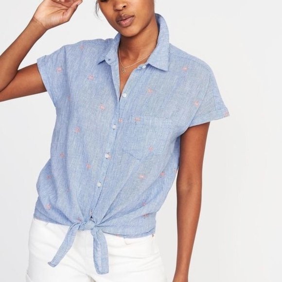 Old Navy Tops - Old Navy Flamingo Tie Button Down Linen Shirt S